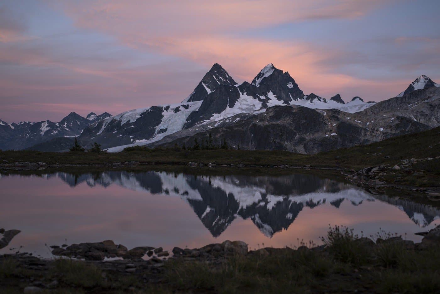 A mountain range at night