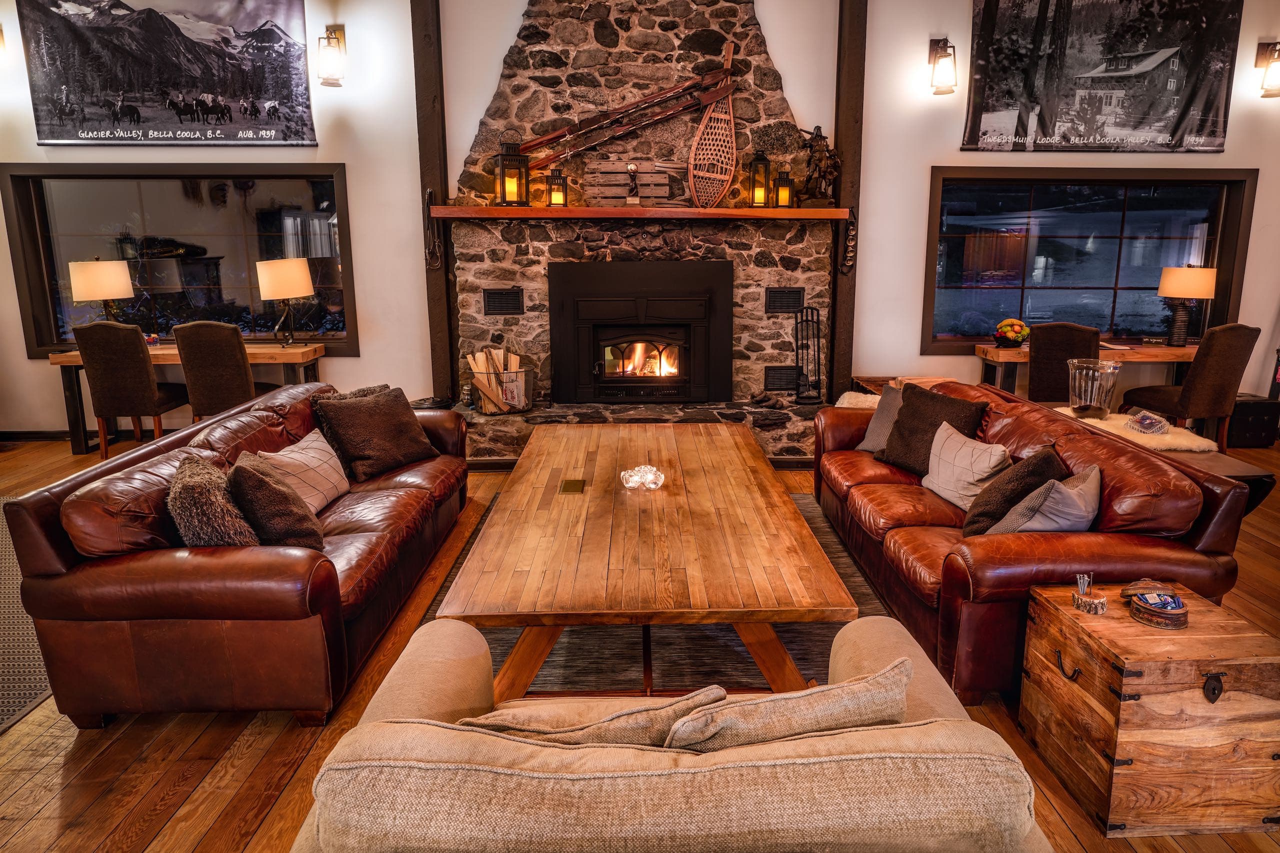 Sitting area in the lodge with ample seating and a fireplace