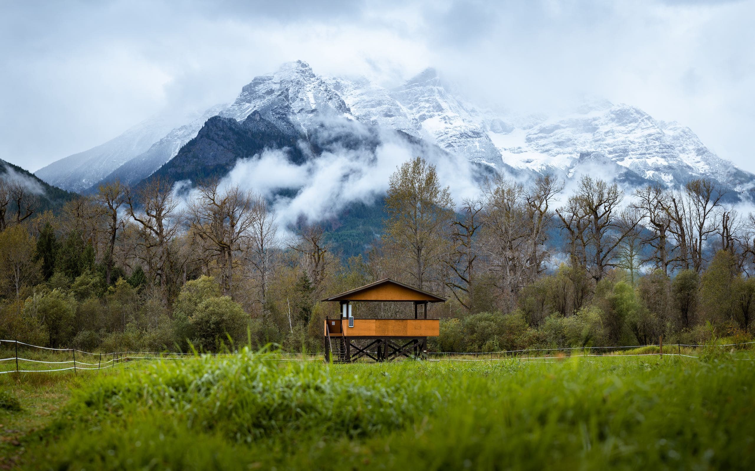 A viewing platform with a view of the mountains